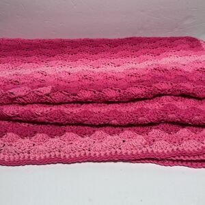 Handmade Afghan Crochet Throw Lap Blanket Striped Pink Scallop Design